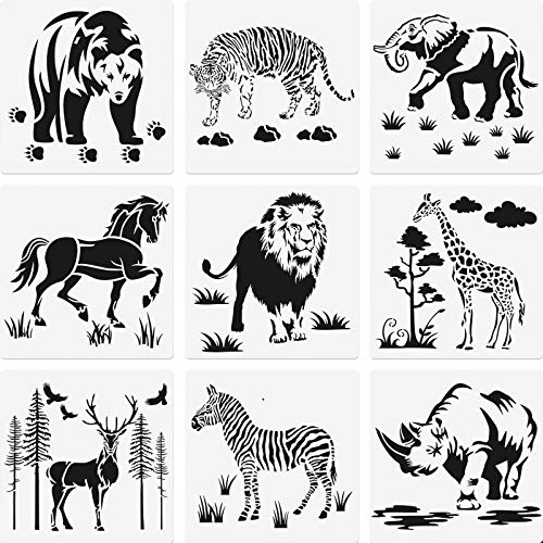 9 Stücke Tier Schablone Vorlagen 8 Zoll Wiederverwendbare Tier Malerei Schablone Bär Tiger Elefant Pferd Löwe Giraffe Zebra Nashorn Hirsch Handwerk Zeichnung Vorlage für Grußkarte von Zonon
