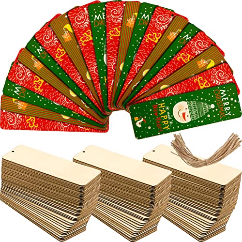 Holz Blanko Lesezeichen DIY Holz Handwerk Lesezeichen Unvollendete Holz Hängen Etiketten Rechteck Form Blanko Lesezeichen Ornamente mit Löchern und Seilen für Weihnachten DIY (72 Stücke) von Zonon