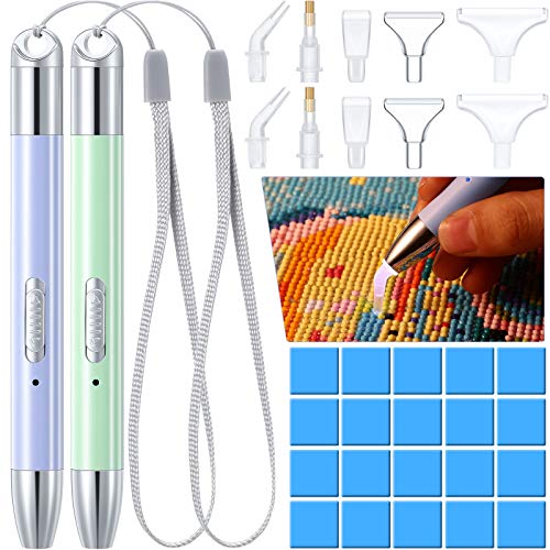 2 Stücke LED Diamant Malerei Stift 5D Diamant Malerei Stift Punkt Bohrstift USB Wiederaufladbar Beleuchtung Bohrstift mit 10 Stück Stiftkopf und 20 Stücke Kleber Lehm für Kinder DIY Handwerk von Zonon