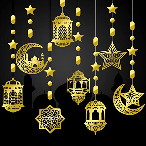 Zonon 24 Stück Ramadan Girlanden Eid Girlande Dekoration Ramadan Mubarak Party Banner Stern Mond Laternen Girlande Hintergrund Glänzende Hängende Wanddeko für Haus Hochzeit Islam Party (Gold) von Zonon
