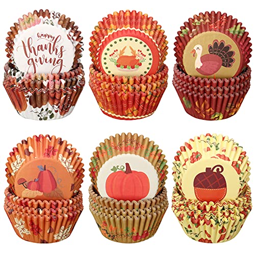 Zonon 600 Stück Thanksgiving Cupcake Liner Kürbis Truthahn Ahornblatt Cupcake Backförmchen Thanksgiving Muffin Liner Papier Backförmchen für Home Baking Küche Herbst Party Supplies, 6 Stile (Türkei) von Zonon