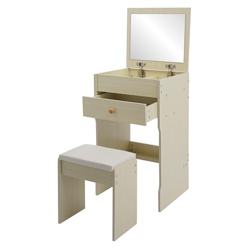 3 in 1 Schminktisch mit Hocker,Kosmetiktisch mit Aufklappbarem Spiegel,Kompakter Kosmetiktisch mit Schubladen,Kleines Schminktisch-Set Kommode fürs Schlafzimmer,40x37.5x72cm (Weißen Eichenholzes) von Zoobotanica
