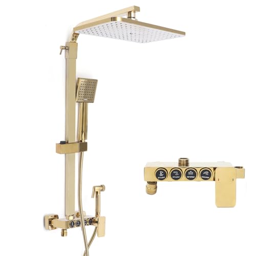 Duschset mit Armaturen, Duscharmatur Komplettset mit Quadratische Regendusche,Handbrause und Booster-Spritzpistole,4 Strahlarten,Höhenverstellbare,Gold von Zoobotanica