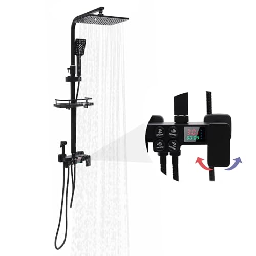 Duschsystem 4 Strahlarten,Duscharmatur Komplettset mit Quadratische Regendusche,Handbrause,Booster-Spritzpistole und Wasserhahn,Duschset mit LED-Digitalanzeige,Höhe verstellbar 70-115cm (Schwarz) von Zoobotanica
