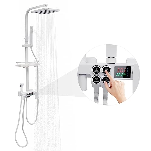 Duschsystem 4 Strahlarten,Duscharmatur Komplettset mit Quadratische Regendusche,Handbrause,Booster-Spritzpistole und Wasserhahn,Duschset mit LED-Digitalanzeige,Höhe verstellbar 70-115cm (Weiß) von Zoobotanica