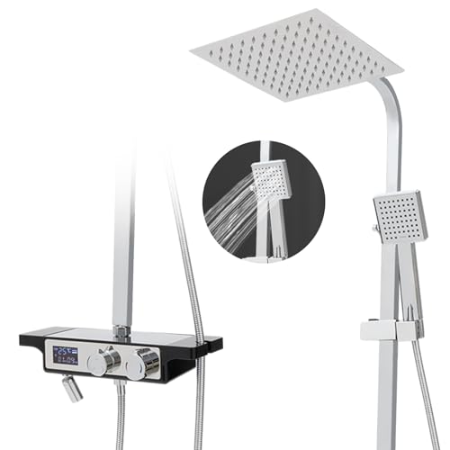Duschsystem mit LED Display und Ablage,Duscharmatur Komplettset mit Handbrause,Regendusche und Unterer Auslauf,Höhe verstellbar 74.5-115cm,Duschset mit Eckig Kopfbrause 25 * 25CM von Zoobotanica