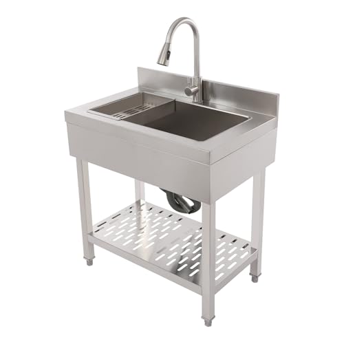 Edelstahl Spültisch,Freistehende Küchenspüle,Wäschespüle,70x50x90cm Extra große Einzelspüle,Gewerbliche Spülbecken mit Ausziehbare Wasserhahn und Abtropfkorb für Waschküche,Restaurants (Silber) von Zoobotanica