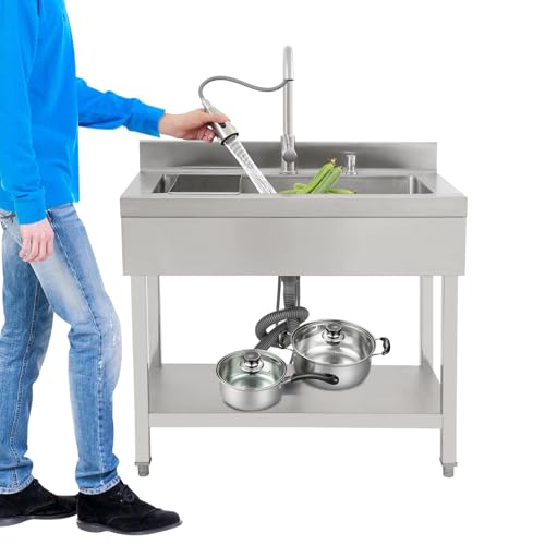 Edelstahl Spültisch,Freistehende Küchenspüle,Wäschespüle,90x60x90cm Extra große Einzelspüle,Gewerbliche Spülbecken mit Ausziehbare Wasserhahn und Abtropfkorb für Waschküche,Restaurants (Silber) von Zoobotanica