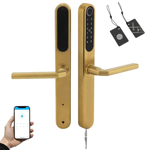 Fingerabdrucks-Türschloss, Smartes Türschloss mit Griff,6-in-1 Digitalen Türschloss für Fingerabdruck,Passwort, Swipe Card, Bluetooth, Mechanischer Schlüssel,APP-Steuerung (Gold) von Zoobotanica