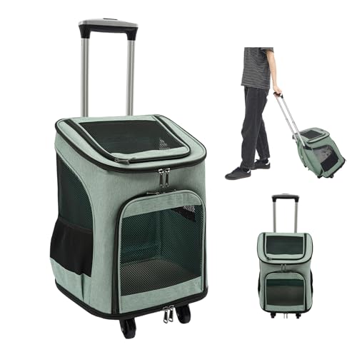 Hundetransportbox mit Rollen,Faltbarer Transportbox,Katzenrucksack mit Teleskopgriff,Transportboxen für große Katze und kleine Hunde mit atmungsaktivem Mesh,Haustier Rucksack bis 9 kg (Grün) von Zoobotanica