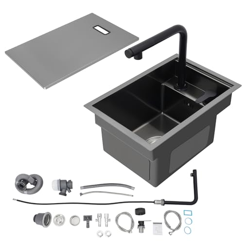 Küchenspülen Edelstahl, Unsichtbare Spüle für Küchenbar&Wohnwagen, Eingebettete Spüle mit Abdeckung,Einzelbecken-Spüle mit Anhebbaren Ausziehbar Wasserhahn,Aufsatzwaschbecken,30x45x23cm (Ausziehbar) von Zoobotanica