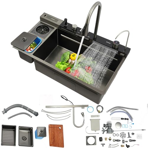 Luxus-Küchenspül,82x48x23cm,Edelstahl Wasserfall Spüle,Multifunktionales Spülbecken-Set,Einzelbecken-Arbeitsplatz-Spüle mit Ausziehbarer Wasserhahn und Komplettes Zubehör Set von Zoobotanica