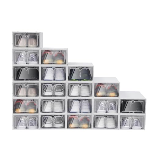 Zoobotanica 20 Stück Schuhbox,Faltbare Kunststoff-Schuhaufbewahrungsbox,Transparent PP Stapelbar Flip-Top Aufbewahrungsbox Set füR Kleine AusrüStung Zeitschriften BüCher Schuhe,23 * 33 * 14cm (Weiß) von Zoobotanica