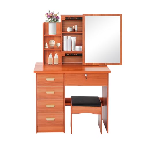 Zoobotanica Schminktisch mit Spiegel,Kosmetiktisch mit Hocker,Frisiertisch mit 5 Schubladen,3 Offenen Fächern und 3 versteckten Fächern,80 × 35 × 128cm, für das Schlafzimmer (Rotbraun) von Zoobotanica