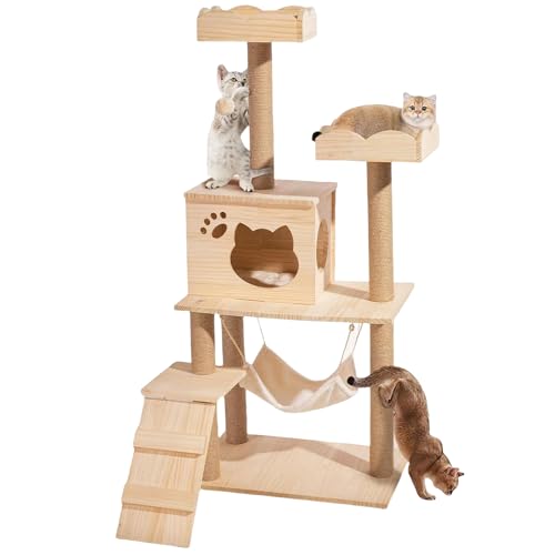 Zooland Katzenbaum Turm für Indoor Katzen, Mehrstöckig Katzenhaus mit Plattformbett, Sisalbaum Kletterbaum Katze Condo Perfekt für Haustier Spiel, Spaß, Ruhe, Kratzen (Holzfarbe, 60x40x135 cm) von Zooland