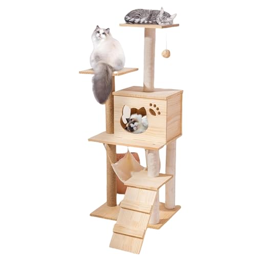 Zooland Katzenbaum Turm für Indoor Katzen, Mehrstöckig Katzenhaus mit Plattformbett, Sisalbaum Kletterbaum Katze Condo Perfekt für Haustier Spiel, Spaß, Ruhe, Kratzen (Holzfarbe, 50x40x125 cm) von Zooland