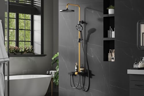 Bohrfrei Duschsystem Set Mit 25Cm Rund Regendusche Kopf & Handbrause 3 Strahlarten - Höhenverstellbare Edelstahl Duschstange Mit Ablage - Schwarz/Chrom Ohne Armatur Bohrfrei Duschsystem Set Mit 25Cm Rund Regendusche Kopf & Handbrause 3 Strahlarten - Höhenverstellbare Edelstahl Duschstange Mit Ablage - Schwarz/Chrom Ohne Armatur von ZoomBuggy