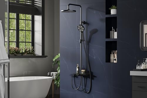 Bohrfrei Duschsystem Set Mit 25Cm Rund Regendusche Kopf & Handbrause 3 Strahlarten - Höhenverstellbare Edelstahl Duschstange Mit Ablage - Schwarz/Chrom Ohne Armatur Bohrfrei Duschsystem Set Mit 25Cm Rund Regendusche Kopf & Handbrause 3 Strahlarten - Höhenverstellbare Edelstahl Duschstange Mit Ablage - Schwarz/Chrom Ohne Armatur von ZoomBuggy