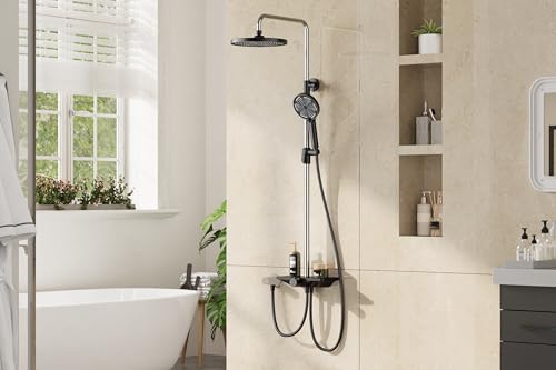 Bohrfrei Duschsystem Set Mit 25Cm Rund Regendusche Kopf & Handbrause 3 Strahlarten - Höhenverstellbare Edelstahl Duschstange Mit Ablage - Schwarz/Chrom Ohne Armatur Bohrfrei Duschsystem Set Mit 25Cm Rund Regendusche Kopf & Handbrause 3 Strahlarten - Höhenverstellbare Edelstahl Duschstange Mit Ablage - Schwarz/Chrom Ohne Armatur von ZoomBuggy
