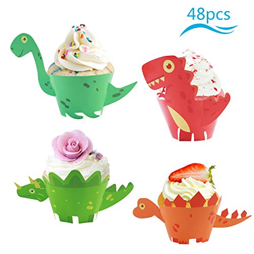 ZoomSky 48 Set Dinosaurier Mini Cupcake Toppers Wrapper Papier Dino Muffin Backen Verpackung Beidseitig Handmade für Kinder Jungen Party Kuchen Dekorationen Geburtstag Deko von ZoomSky