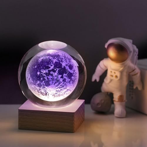 Zoomarlous 3D Kristallkugel Nachtlicht, USB 3D Mond Kristallkugel Nachtlicht Kreative Nachtszene Astronomie LED Ball Lampe,Mit Holzsockel von Zoomarlous