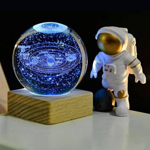 Zoomarlous 3D Kristallkugel Nachtlicht, USB 3D Sonnensystem Planeten Kristallkugel Nachtlicht Kreative Nachtszene Astronomie LED Ball Lampe Mit Holzsockel, Sonnensystem Planeten Kristallkugel von Zoomarlous