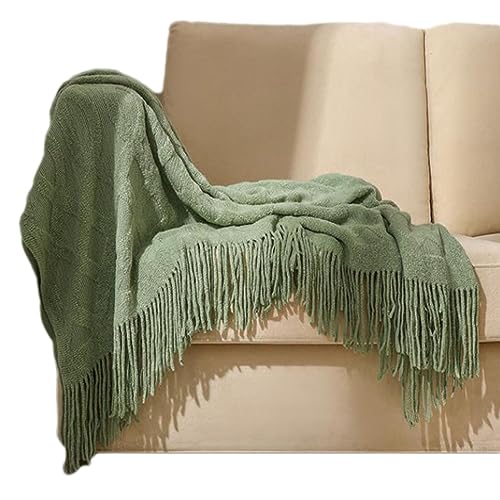 Bohemian-Sofabezug, gestrickt, mit Fransen, dünne Decke, rautenförmiges Muster, Schal, weiche, leichte Decke für Bett und Sessel (hellgrün, 127 x 176 cm) von Zoomlie