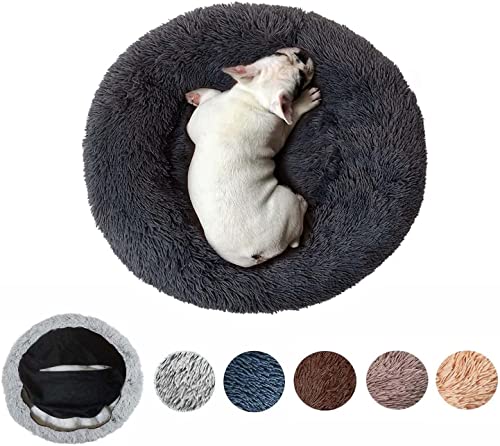 Flauschiger Anti-Stress-Hundekorb, waschbar, abnehmbares Kissen, rund, weiches Plüschsofa, Körbe und bequeme Möbel für Hunde und Katzen (M-70 cm, dunkelgrau) von Zoomlie