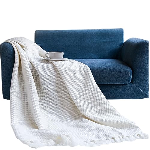 Zoomlie Einfache einfarbige Überwurfdecke mit Fransen, 130 x 162 cm, universal, warmer Bezug für Sofa, Bett, Sessel (weiß) von Zoomlie
