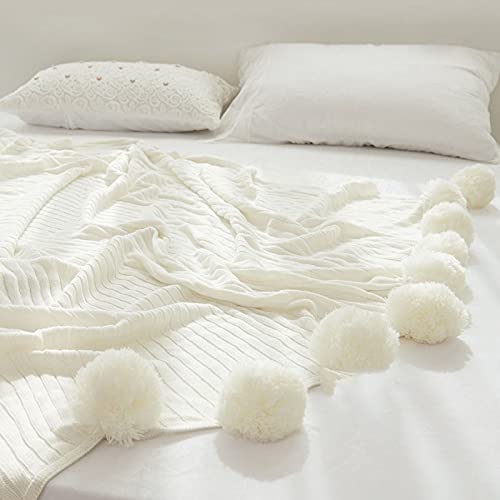Zoomlie Flauschige Plüsch-Strickdecke mit Pompon-Fransen, 100 % Baumwolle, weich, gemütlich, warm, hypoallergen, gestreifte Decke für Sofas, Bett, Sofa, Couch (Beige, 100 x 150 cm) von Zoomlie