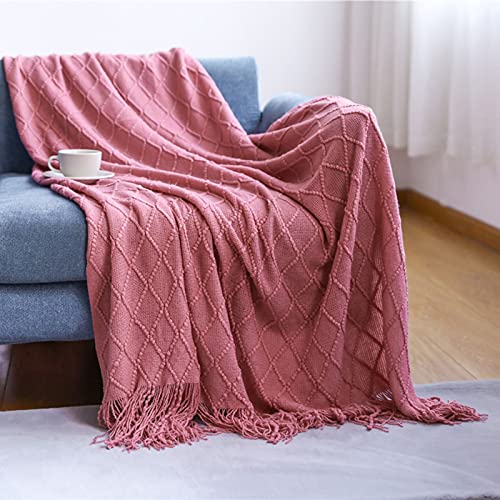 Zoomlie Rosa Strickdecke mit dekorativen Fransen, Quasten, einfarbig, Diamant-Textur, gemütlich, leicht, Decke für Sofas, Büro, Couch, Stuhl, Sofa, Bett (rosarot, 130 x 230 cm) von Zoomlie