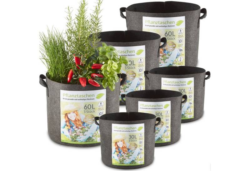 Zooprinz Pflanzkübel Pflanzsack Pflanztaschen 6er Sets 30Liter 60Liter (6 St), 260 g/m² Vliesstoff, Wasserabfluss, UV- und witterungsbeständig von Zooprinz