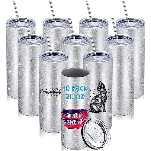 10 Stück 590 ml Glitzer-Sublimationsgläser Rohlinge Skinny Gerade Silber Tumbler Doppelwand Edelstahl Isolierte Becher mit Deckel und Strohhalm für Wärmeübertragung Sublimationsbecher Wasserflasche von Zopeal