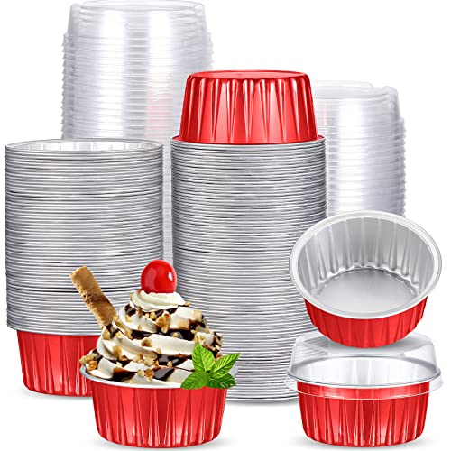 150 Stück Aluminiumfolie Cupcake Backförmchen 142 ml Mini Cupcake Förmchen Einweg Auflaufförmchen mit Deckel Flanform Mini Kuchenformen mit Deckel EinwegKuchenformen für Pudding Wüste Creme Brulee von Zopeal