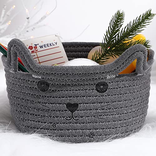 Kleiner Katzenkorb zur Aufbewahrung Gewebter Korb Organizer mit Ohren Dekoratives Haustier Spielzeug Niedlicher Korb Baumwolle Seilkorb für Geschenke Katze Hund, 8,3 Zoll L x 4,7 Zoll H (Grau) von Zopeal