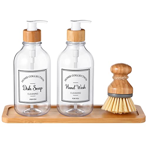 Zopeal 4-teiliges Küchen-Seifenspender-Set mit Bambus-Tablett und Spülbürste, Kunststoff-Seifenspender-Set mit wasserdichten Etiketten für Handgeschirr-Lotion, 500 ml (transparent) von Zopeal