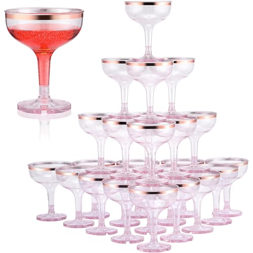 Zopeal Champagnergläser aus Kunststoff, bruchsicher, Einweggläser, Cocktailgläser, stapelbar, wiederverwendbar, Martini-Gläser, Weingläser für Hochzeit, Roségold-Rand, silberfarbener Glitzer, 50 Stück von Zopeal