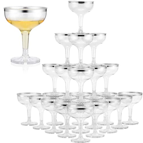 Zopeal Champagnergläser aus Kunststoff, bruchsicher, Einweggläser, Cocktailgläser, stapelbar, wiederverwendbar, Martini-Gläser, Weingläser für Hochzeit, silberfarbener Rand, silberner Glitzer, 50 von Zopeal