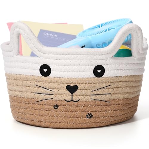 Zopeal Katzenkorb Aufbewahrungs-Organizer mit Ohren, dekorativer Haustier-Spielzeugkorb, süßer Baumwollseilkorb als Geschenk, für das Kinderzimmer (21 x 12 cm, Weiß, Khaki, Braun) von Zopeal