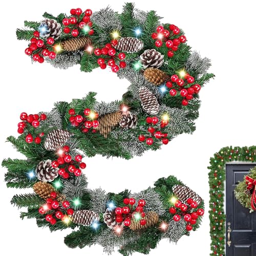 Christmas Garland with Lights | Bunte Künstliche Weihnachtsgirlande Mit Lichtern - Künstliche Leichte Deko Mittelstück Für Wand Haus Tür Innenraum Außenbereich Party von Zopoee