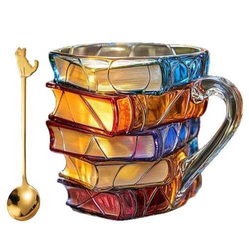 ZoraYorce Lackiertes Buchbecher, Neuheit 3D -Glas bemalte Bücher Kaffeetasse, Neuheit einzigartige bunte Bücher Stack geformte Kaffeetasse Geschenke für Buchliebhaber Leser Bibliothekare Sch von ZoraYorce