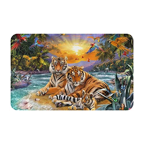 Flanell Willkommen Fußmatte Tiger Familie Regen Wald rutschfeste saugfähige Fußmatten Teppich Fußmatten Innenteppich für Schlafzimmer Küche Eingang Badezimmer 80x49 cm von Zorin