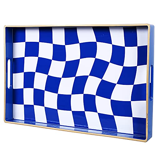 Zosenley Dekoratives Tablett, Marmorierendes Kunststofftablett mit Griffen, Ottomane und Couchtisch, 39.6x25.9 cm (blau und weiß kariert) von Zosenley