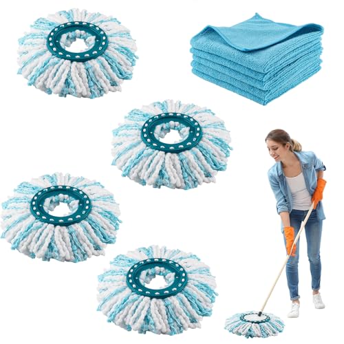 Zosenyer 4 Stück Ersatzkopf für Leifheit Clean Twist Disc Mop, Micro, Micro Duo, Ergo, M Wischmopp Rund, Wischmop Ersatz, 2-Faser-System für Alle Bodenarten Schmutzaufnahme, mit 5er Mikrofasertücher von Zosenyer