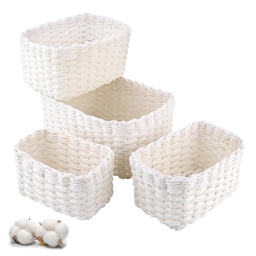 Zosenyer Aufbewahrungskorb Geflochten, 4er Stapelbarer Badezimmer Körbe Aufbewahrung, Storage Basket für Wohnzimmer Küchen Kinderzimmer Bad, Geeignet Als Windel Organizer und Besteckkorb (Weiß) von Zosenyer
