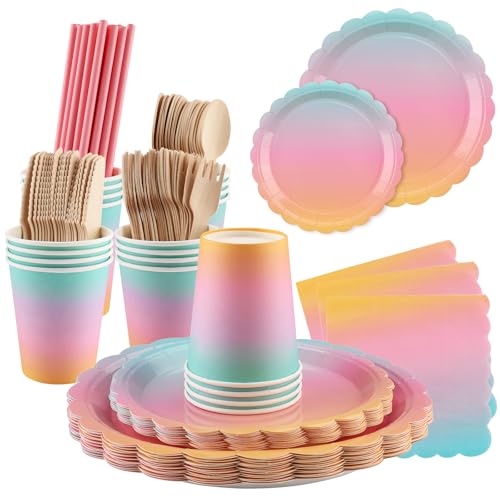 Zosenyer Bunt Partygeschirr, 160 Stück Pappteller Geburtstag Party Deko Set mit Teller Servietten Becher Strohhalme Holz Gabel Messer Löffel für 20 Gäste von Zosenyer