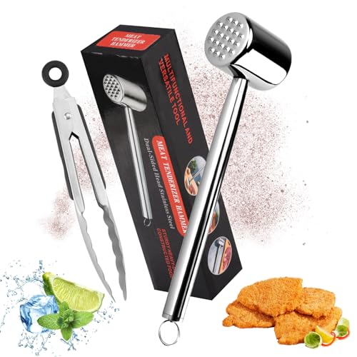 Zosenyer Fleischklopfer, Schnitzelklopfer Edelstahl Spülmaschinenfest, Fleischhammer mit Grillzange Edelstahl, Küchenutensilien, Meat Tenderizer für Schnitzel, Steak, Rindfleisch, Länge: 27,5 cm von Zosenyer