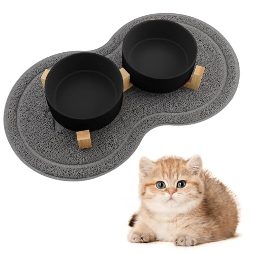 Zosenyer Katzennapf, 2 Stück Keramik Futternapf Katze Set, 3-in-1 rutschfeste Katzennäpfe mit Holzstände und Matten, Fressnapf und Wassernapf für Katzen und Kleine Hunde von Zosenyer