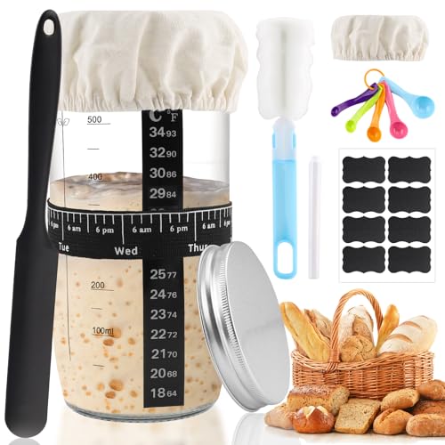 Zosenyer Sauerteig Starter Set, 730ML Fermentationsglas, Gärglas mit Silikonspatel, Sauerteig Glas, Brot Backen Zubehör mit Aluminiumdeckel, Gärtuch, Sourdough Starter Kit, Brotbackzubehör von Zosenyer