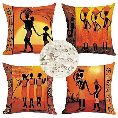 Afrikanische Frauen Kissenbezug 45x45cm Kissenhülle 4er Set Dekorative Kissenbezug mit Unsichtbarer Reißverschluss wasserdichte Leinen kissen für Sofa Dekokissen Sofakissen Garten Outdoor Dekor A48 von Zosoore